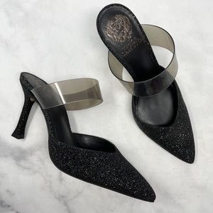 Vince Camuto Black Glitter Pointed Toe Mule Heels with Clear Strap